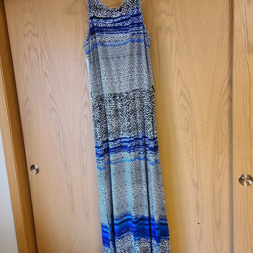 Blue, White, Black Aztec Print Maxi Dress with Leg-Slits